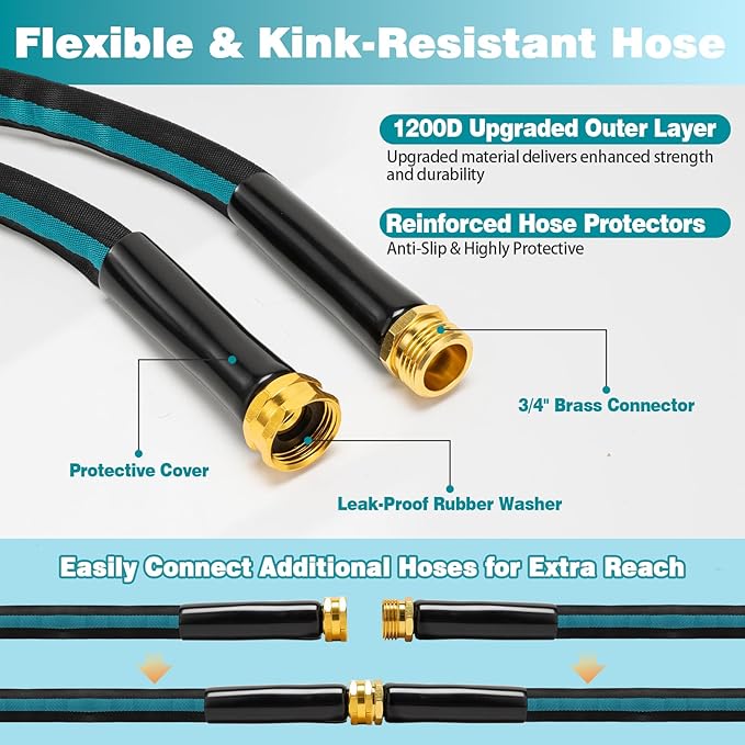 25FT Garden Hose, Kink-Free Non-Expandable Flexible Water Hose with 10-Pattern Spray Nozzle, Lightweight Leakproof Flat Hose with 3/4” Solid Brass Connector for Yard, Lawn & Outdoor Use
