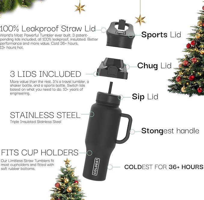Coldest Tumbler with Handle and Straw, 100% Leak Proof Insulated Tumbler with Lid and Straw (3 Lids), Stainless Steel Tumblers for Women & Men, Cup Holder Friendly Base, 46 oz (Bats and Cats)