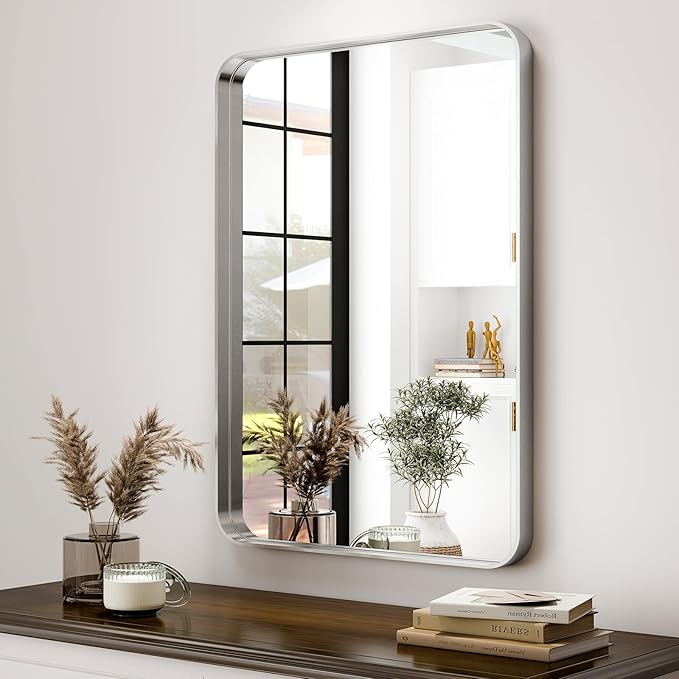 Easly Silver Bathroom Mirror for Wall, 36x24 Inch Rectangular Aluminum Alloy