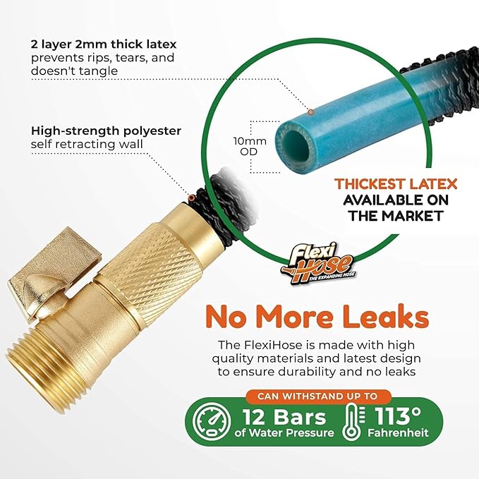 Flexi Hose Expandable Garden Hose with 8 Function Nozzle, 150FT - Lightweight Retractable Garden Hose, Water Hose - No-Kink Flexibility, 3/4 Inch Solid Brass Fittings and Double Latex Core