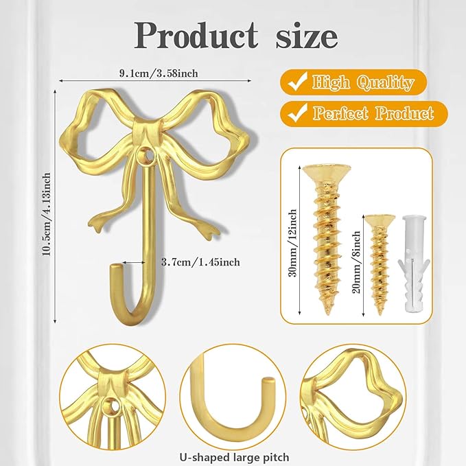 2Pcs Large Size Gold Bow Wall Hook, Metal Hook, Bow Room Decor Hooks