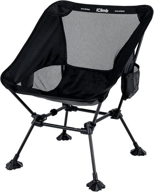 iClimb Ultralight Compact Camping Folding Beach Chair with Anti-Sinking Large Feet and Back Support Webbing (Black - Square Frame - 2PC)