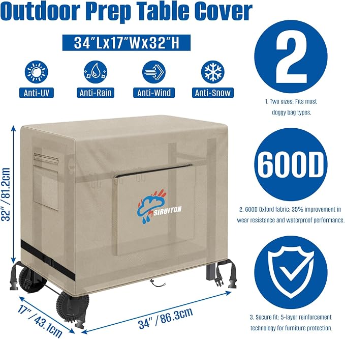 SIRUITON Outdoor Bar Cart Cover for 34 Inch Portable Outdoor Table, Heavy Duty 600D Oxford Fabric Outdoor Waterproof BBQ/Worktable Metal Movable Table Cover