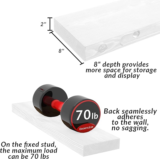 Floating Shelves 48 Inch Long 8" Deep Set of 2, Heavy Duty Wood Wall Mounted
