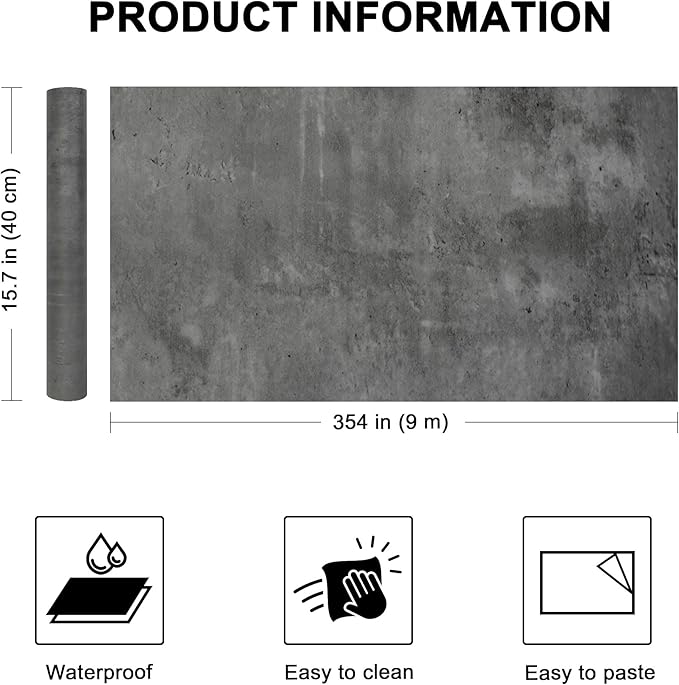WADILE Black Gray Concrete Wallpaper 15.7 in * 354 in, Cement Contact Paper 3D