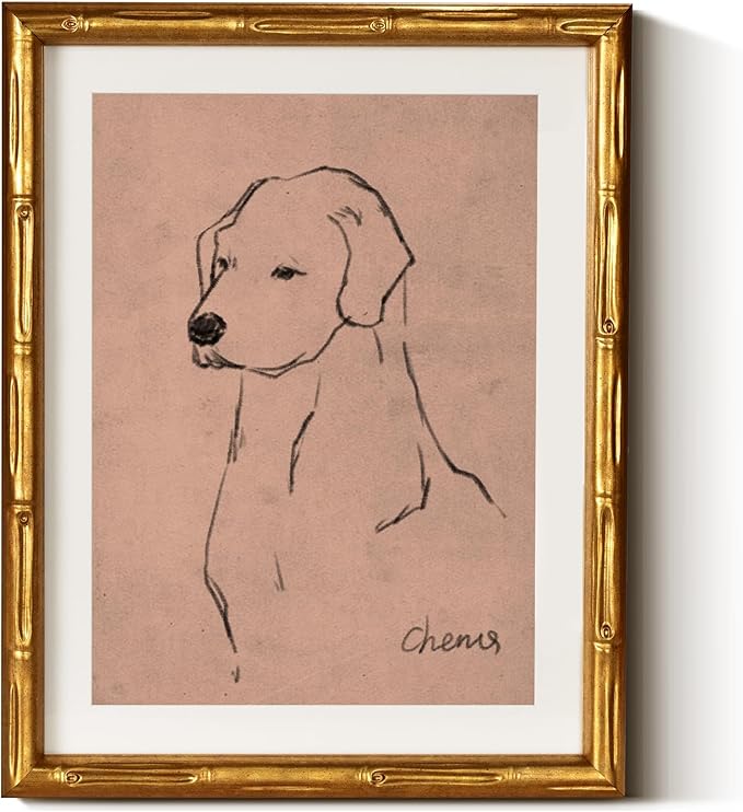 InSimSea Gold Bamboo Framed Canvas Wall Art, Minimalist Dog Sketch Animal
