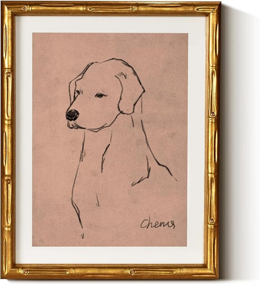 InSimSea Gold Bamboo Framed Canvas Wall Art, Minimalist Dog Sketch Animal