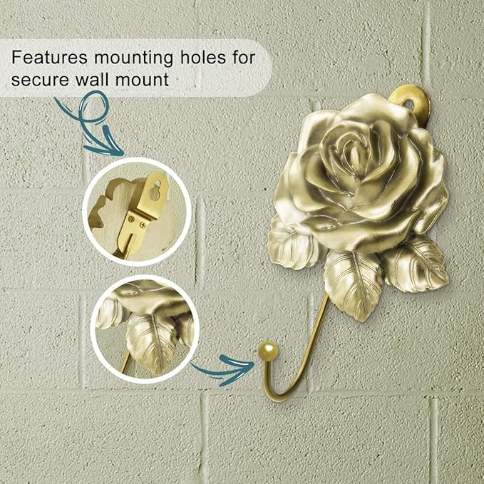 Gold Flower Wall Hooks, Whimsical Resin Rose Flower Decorative Bathroom Hooks