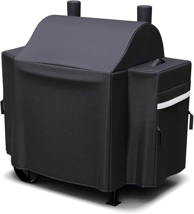 Grisun Grill Cover for Oklahoma Joe's Rider 900 & Rider DLX Grills, Anti-Fade Waterproof Charcoal Offset Smoker Cover, Strap for Fix, Fabric Handle for Easy Put On and Take Off, 600D Material, Black