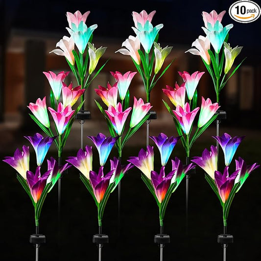 10 Pack Solar Garden Lights Outdoor, 7 Color Changing LED Waterproof Solar Powered Lily Flowers Landscape Lights for Outside Yard, Patio, Pathway Decorative, DÃ©cor