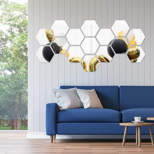 Shappy 32 Pcs Hexagon Mirror Wall Stickers Removable Silver Acrylic Mirror