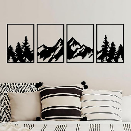 ESTART 4 Pcs Metal Wall Art, Large Mountains Wall Decor, Art Wall Décor Suitable For Living Room Dining Room Bedroom Office Indoor And Outdoor (Mountain Forest)