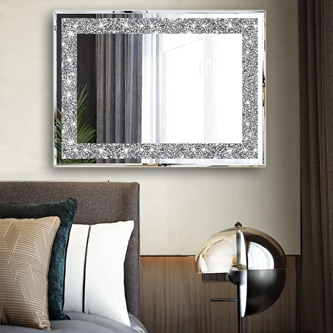 2 Piece Wall Mirrors, Crush Diamond Wall Décor Silver Decorative Mirrors