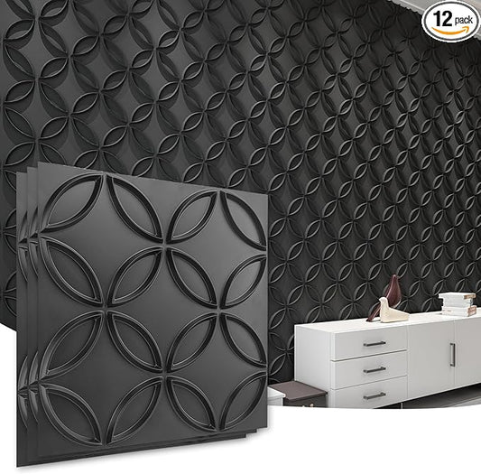 Art3d PVC 3D Wall Panel Interlocked Circles in Matt Black Cover 32 Sq.ft