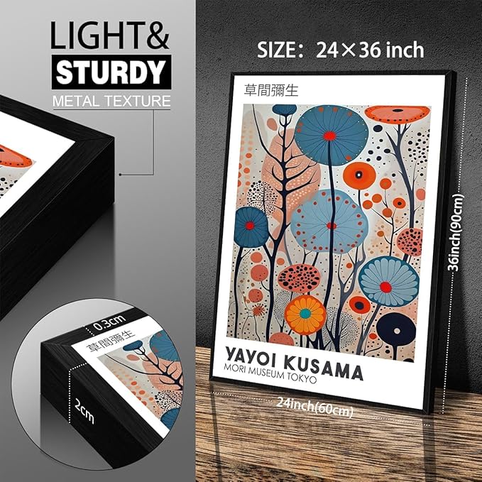 Yayoi Kusama Black Framed Wall Art 24x36in Vintage Japanese Painting Posters