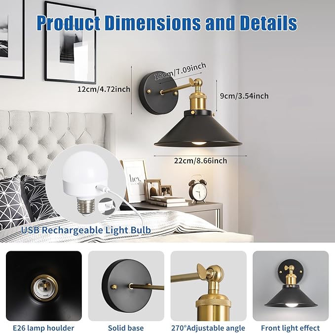 Bailoch Black & Gold Vintage Rechargeable Battery Operated Wall Sconces