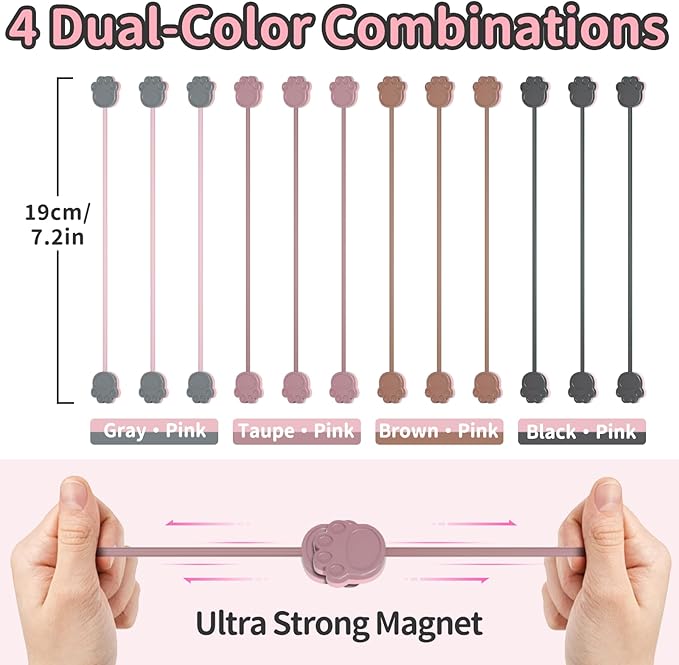 SOOOEC Cute Cat Paw Magnetic Cable Ties – 24 Pack, Reusable Silicone Cord Organizers for Home & Office, Strong Magnetic Hold, Double-Sided Colors, Perfect for Cable Management and Gift Idea