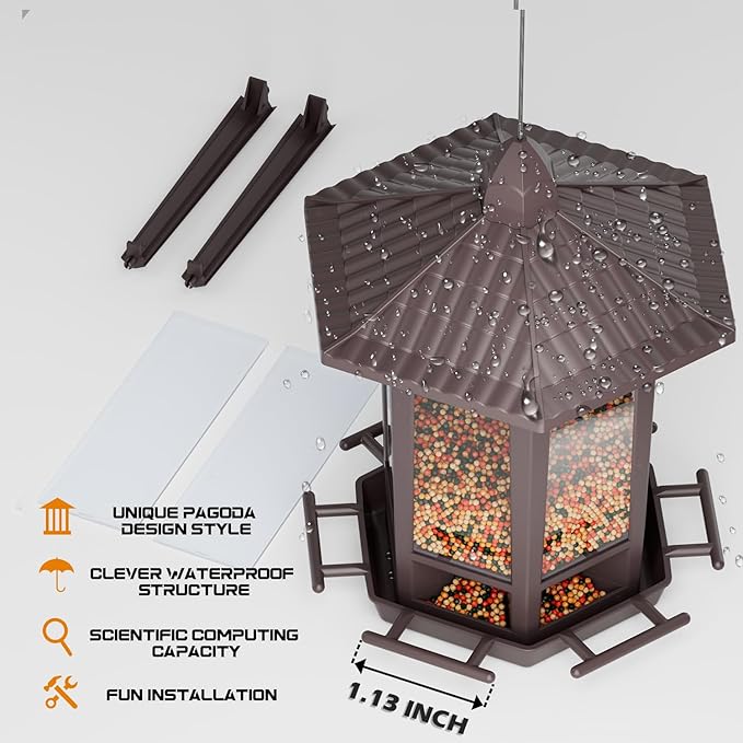 Birdream 4 Pack Bird Feeders for Outdoor Hanging, 10 LB Fun Installation Retro Pagoda Design Bird Feeder, Attracting Wild Birds Chickadees Goldfinches Cardinals Finches and Sparrows (Brown)