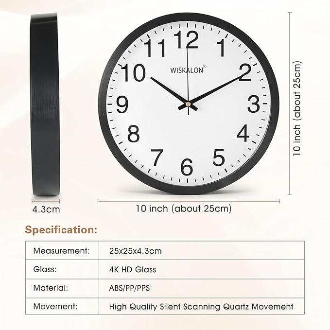WISKALON 10 inch Silent Non-Ticking Elegant Black Frame Wall Clock, Classic