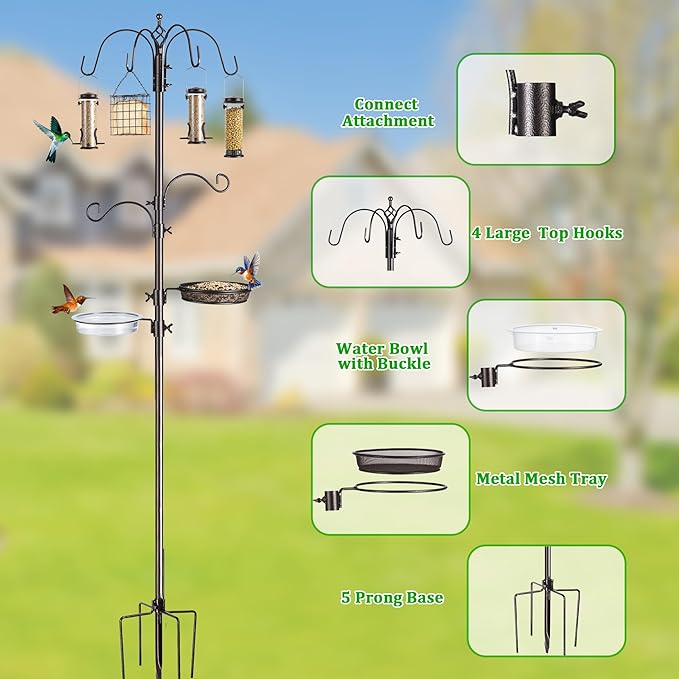 Bird Feeding Station Kit, 94 Inch, 6-Hook, Metal Birds Feeder Stand Pole with Bird Bath and Mesh Tray, Freestanding 5-Prong Base