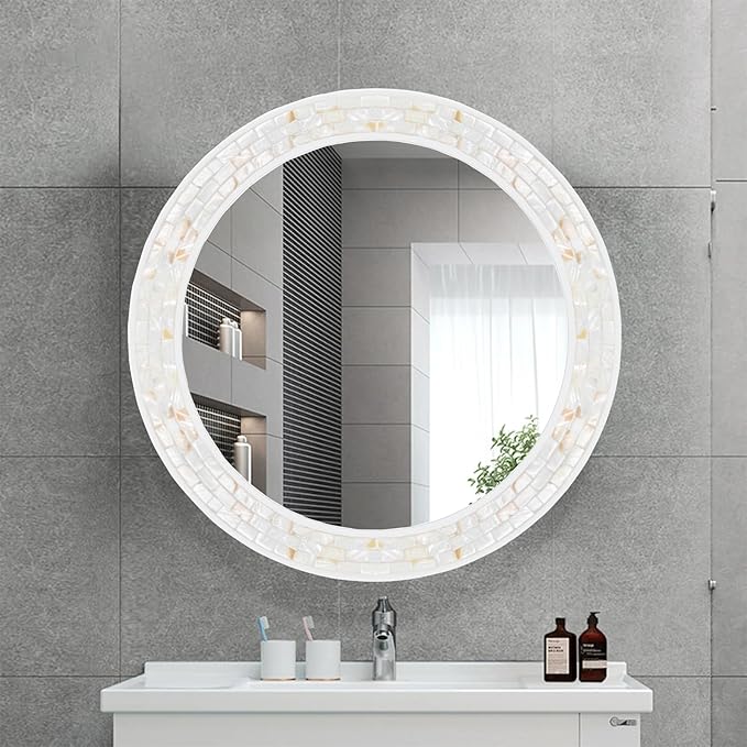 Mosaic Mirrors for Wall 24 Inch, Natural Mother of Pearl Inlay White Framed