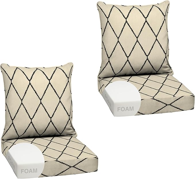 Arden Outdoor Foam Deep Seat Cushion Set (2-Pack), 24x24, Premium High-Density Foam, Never Flattens, Weather-Proof for Patio Chair Sofa Couch, Tan Diamond Trellis