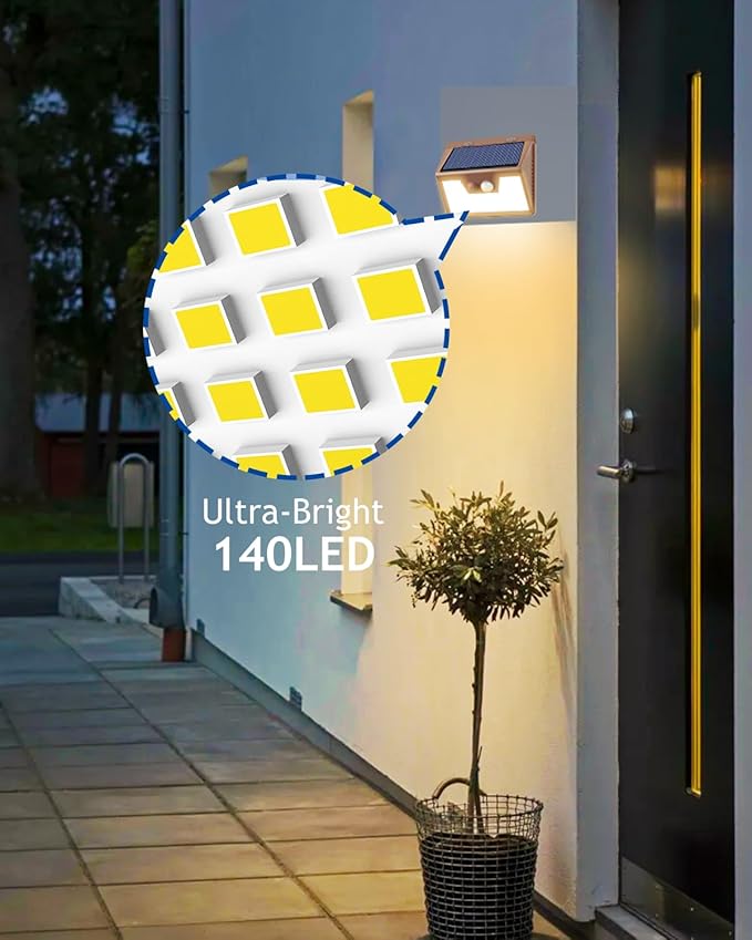 Peasur Solar Lights Outdoor Motion Sensor Waterproof, 1Pack 140LED Brown Solar Powered Fence Light, 3 Modes Security Wall Lights for Garden Yard Outside(Warm White)