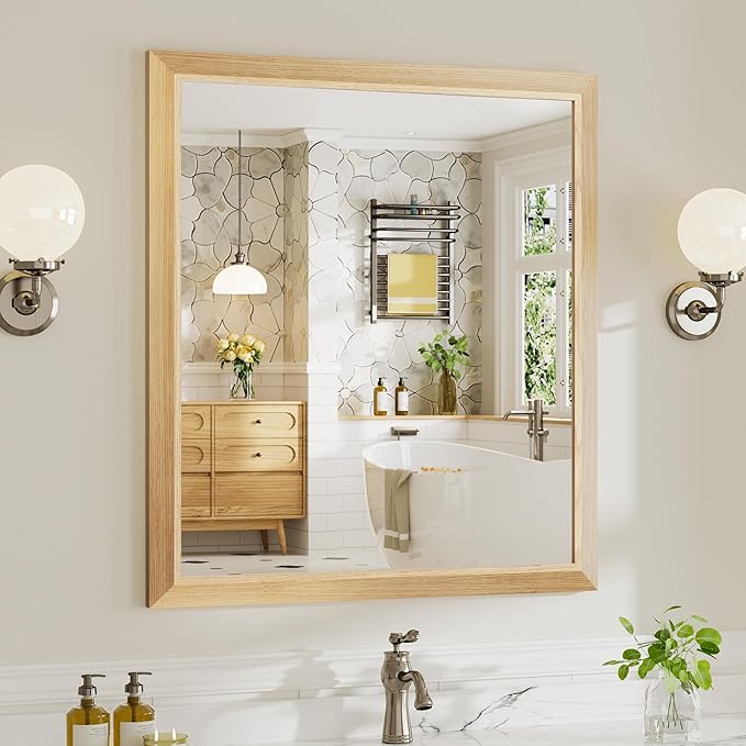 36x32 Inch Bathroom Mirror for Wall, Anti-Rust Oak Wood Grain Metal Framed