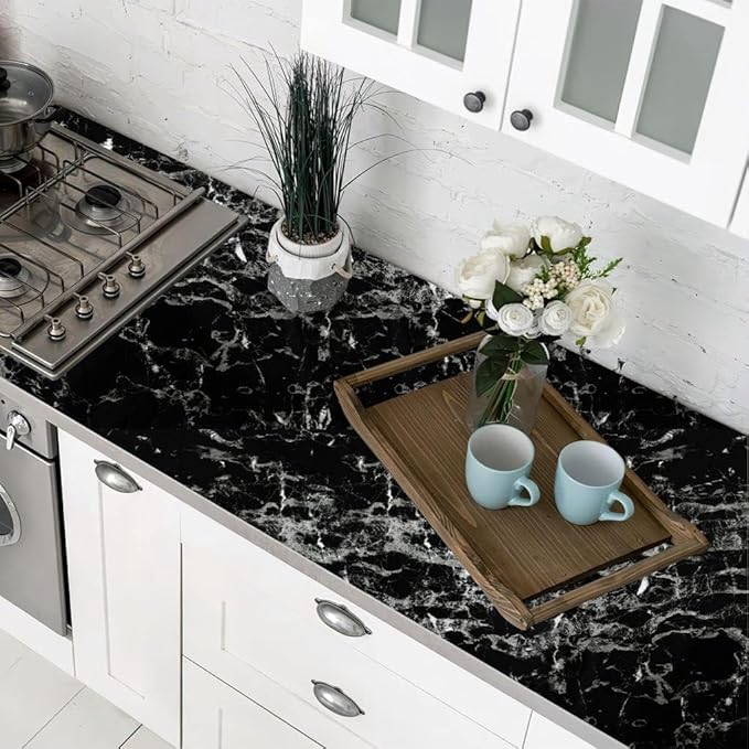 Arthome 11.8"x100" Silver Black Marble Contact Paper, Self Adhesive Wallpaper