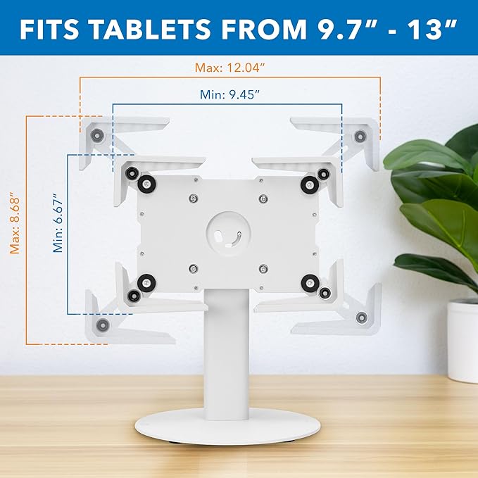 Mount-It! Universal Tablet Stand with Tilt, Anti-Theft Retail iPad POS Kiosk Stand, Fits Tablets from 9.7" to 13" Screen Size, 90° Rotation for Portrait and Horizontal Viewing, Durable Steel, White