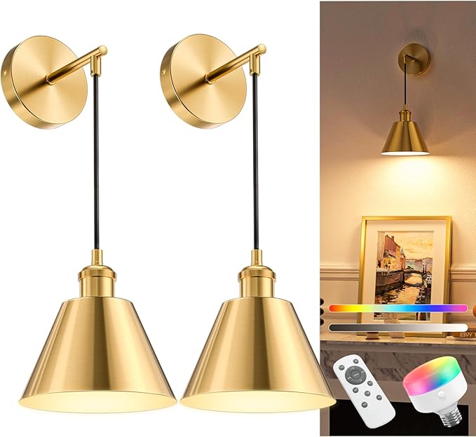NIORSUN Brushed Gold Battery Operated Wall Sconce Set of 2, 5200mAh Dimmable