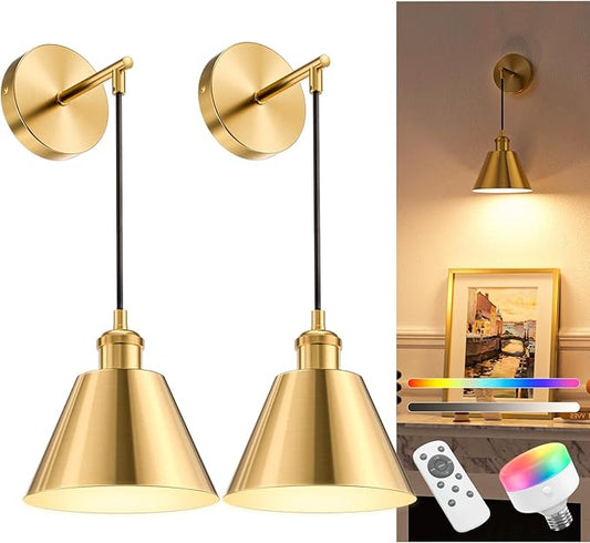 NIORSUN Brushed Gold Battery Operated Wall Sconce Set of 2, 5200mAh Dimmable