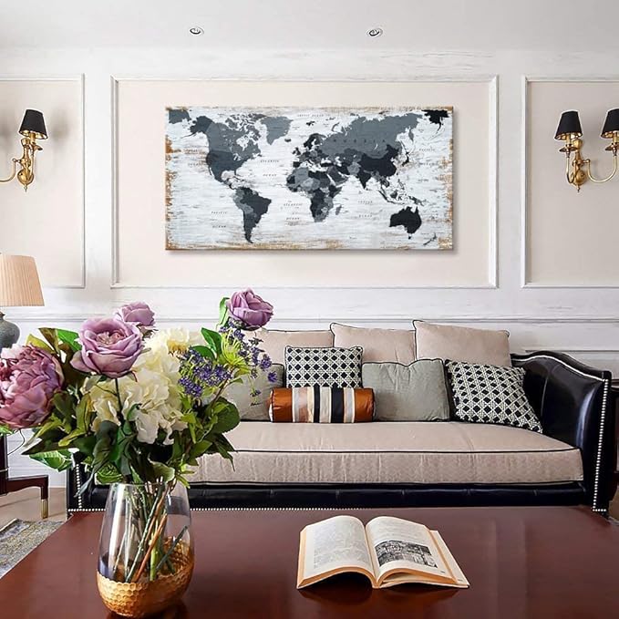 World Map Canvas Wall Art Decor Black Wall Decor Office World Map Wall Art