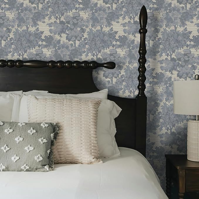 Tempaper Textured Blue Canopy Toile Faux Grasscloth Removable Peel and Stick