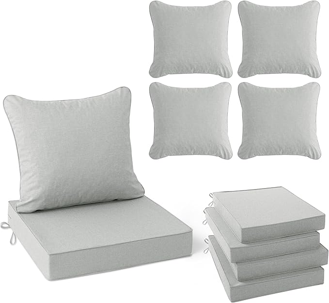 Summsun Patio Cushions for Outdoor Furniture, Faux Linen Water Resistant Backrest and Deep Seat Cushion Set with Non-Slip Bottom, Ties, Removable Cover, 22 x 22 Inch, Light Grey, Set of 4
