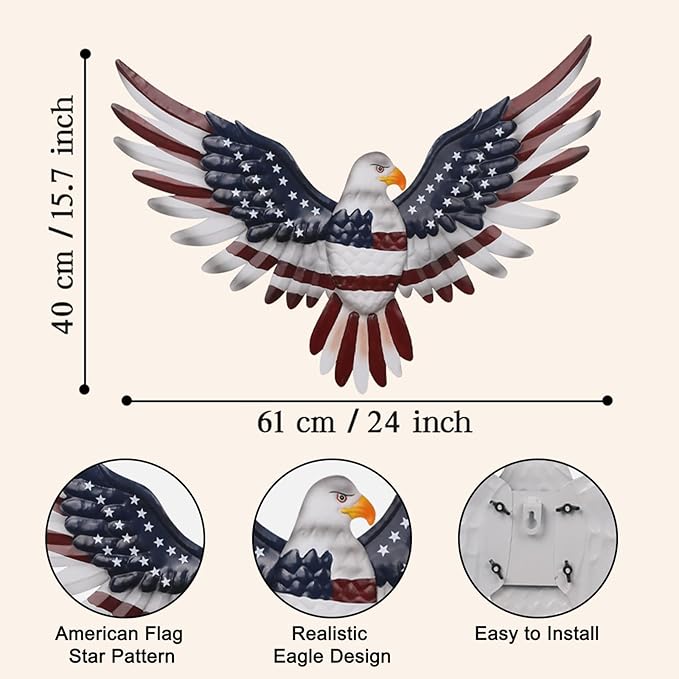 Large American Eagle Patriotic Wall Decor, 4th of July Decoration Metal Wall Art for Independence Day , 24" American Flag Bald Eagle Hanging Sculpture, Handmade Centerpiece for Indoor Bedroom Office Outdoor Decorations