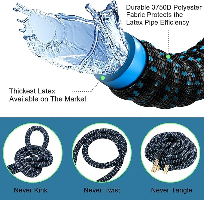 100 ft Expandable Garden Hose - Kink Free Flexible Water Hose 100ft with 10 Pattern Spray Nozzle, 3/4 Solid Brass Connectors, Retractable Latex Core - Lightweight Expanding Hose