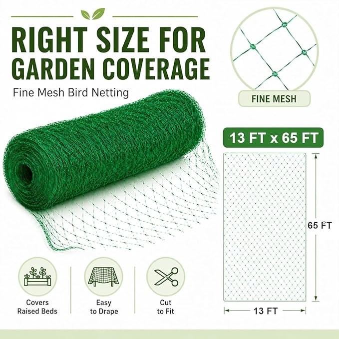 Garden Netting, 13 x 65 FT Bird Netting for Garden Plant Protection, Reusable Fine Mesh for Fruit Trees, Vegetable Plants, Blueberry Bushes, Raised Beds, Chicken Coop (13x65ft)