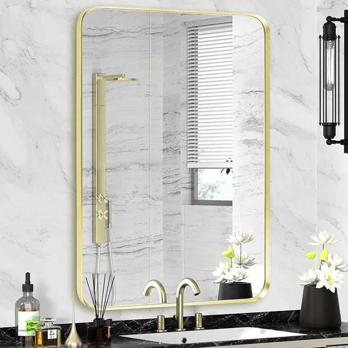 Wall Mount Mirror for Bathroom, Brushed Gold Metal Framed Rounded Corner