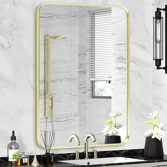 Wall Mount Mirror for Bathroom, Brushed Gold Metal Framed Rounded Corner