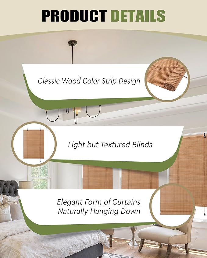 FoundGo Retro Bamboo Blinds 35" W x 72" H Bamboo Roman Shades Light Filtering