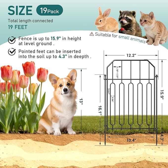 Goovilla Garden Fence, Total 19ft(L) x 21in(H) Garden Fencing Animal Barrier, 19 Pcs Rustproof Metal Wire No Dig Fence Panels, Black Decorative Garden Fences and Borders for Dogs, Flower Bed, Patio