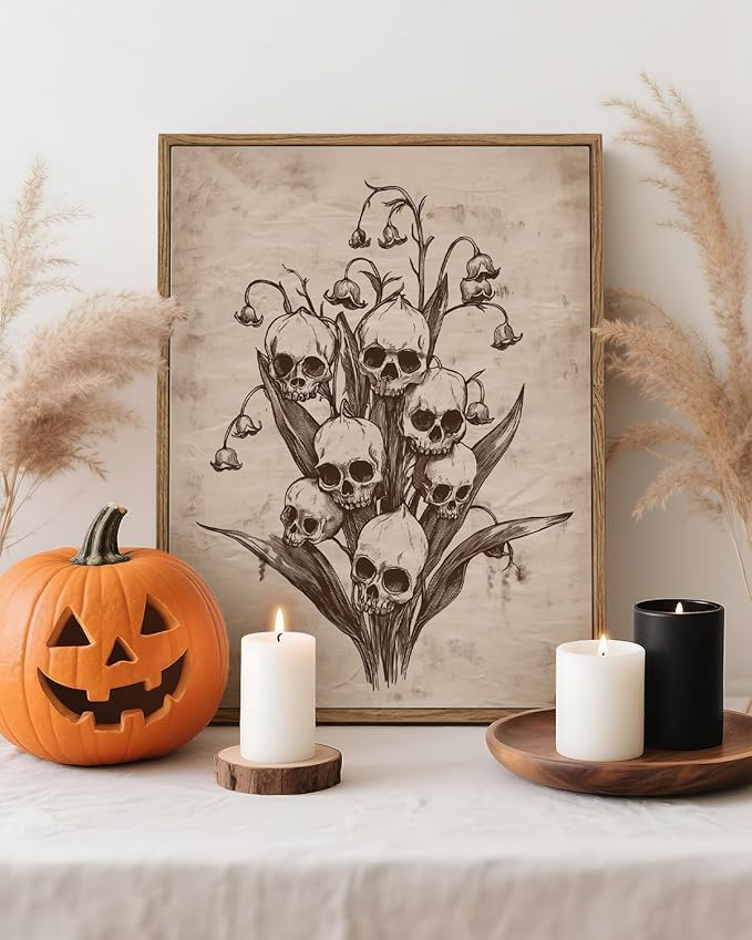 InSimSea Framed Canvas Prints Art Vintage Decor, Gothic Skull Flowers Painting, Rustic Dark Academia Wall Art for Bathroom, Halloween Living Room Witchy Room Wall Cottagecore Decor, 12x16inch