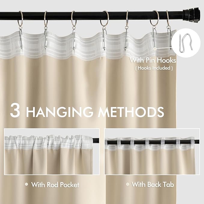 MIULEE Cream Beige Back Tab Light Blocking Curtains 98 Inch Length 2 Panels Set