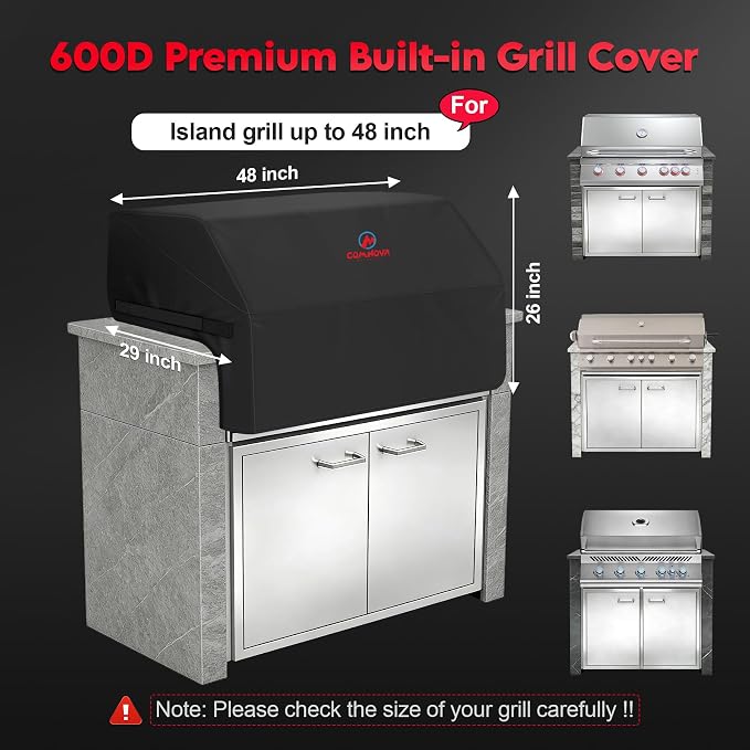 Comnova Built-in Grill Cover for 48 Inch - 600D Island BBQ Grill Top Covers Heavy Duty & Waterproof, Premium Built in Barbecue Cover for Char-Broil, Napoleon, Bull, Weber and More - 48 x 29 x 26 Inch