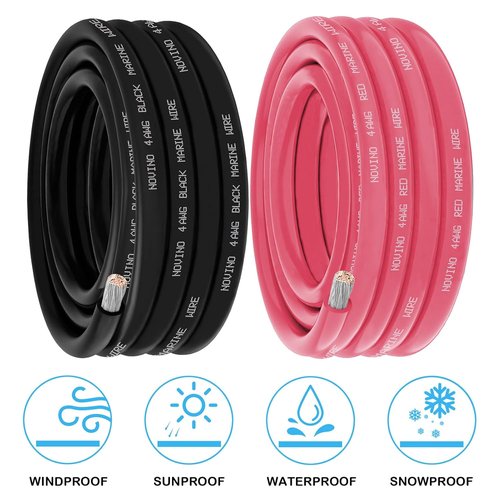 **4 Gauge Marine Wire - Oxygen-Free Tinned Copper Electrical Cable | 10FT Black & 10FT Red for Boats & Trailers**