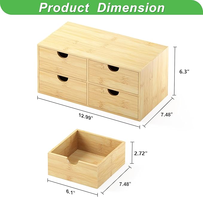 Bamboo Desk Organizer with Drawers - Small Desktop Countertop Mini Tabletop Storage Container - No Assembly Required