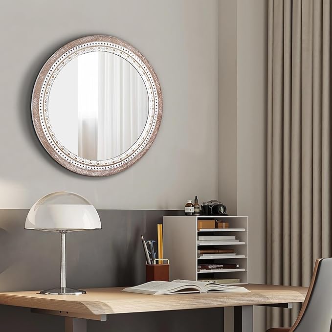 Reflinto 24 Inch Boho Wooden Round Mirror