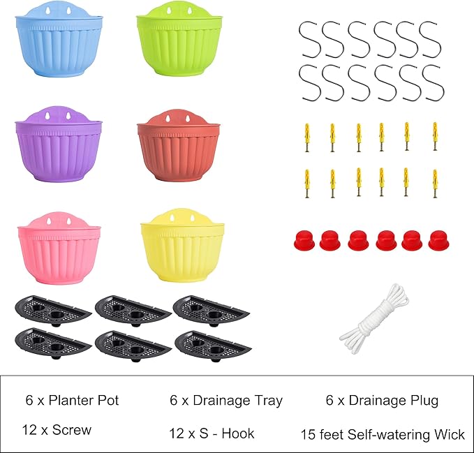 6 Pack Colorful Wall Hanging Planters