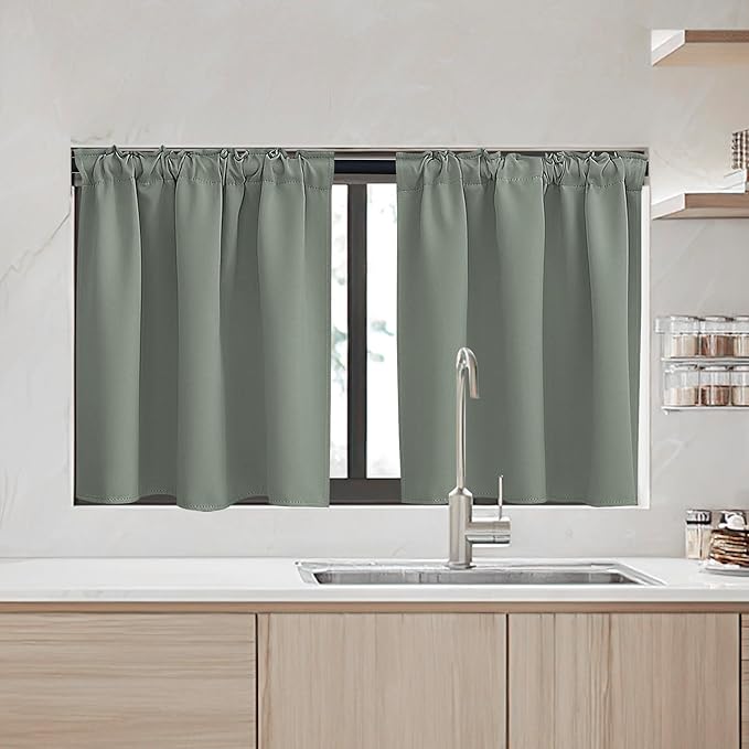 RYB HOME Small Window Curtains, 34 Width x 30 Length, 2 Panels, Sage Green